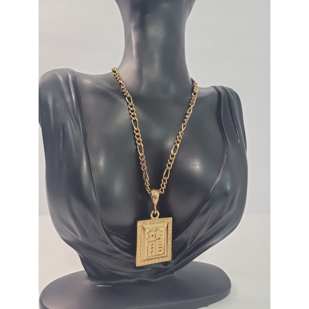 Gold Tone Asian Symbol Rectangular Pendant Necklace Figaro Chain Statement